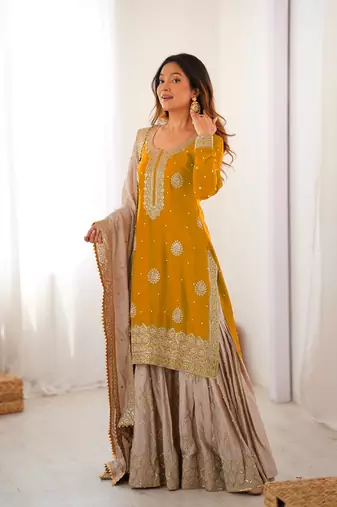 yellow & beige designer sharara suit