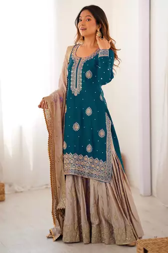 teal & beige designer sharara suit