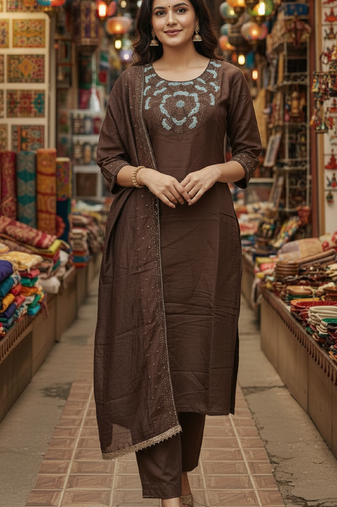Label divine attire coffee brown silk blend kurta pant set with chanderi dupatta and sequins thread work