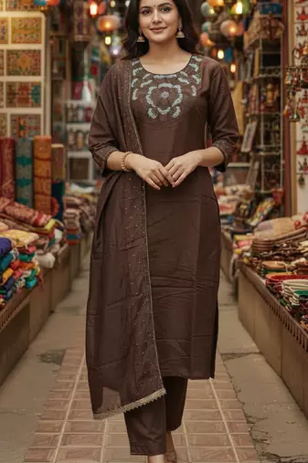 Label divine attire coffee brown silk blend kurta pant set with chanderi dupatta and sequins thread work