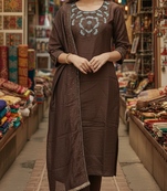 Label divine attire coffee brown silk blend kurta pant set with chanderi dupatta and sequins thread work