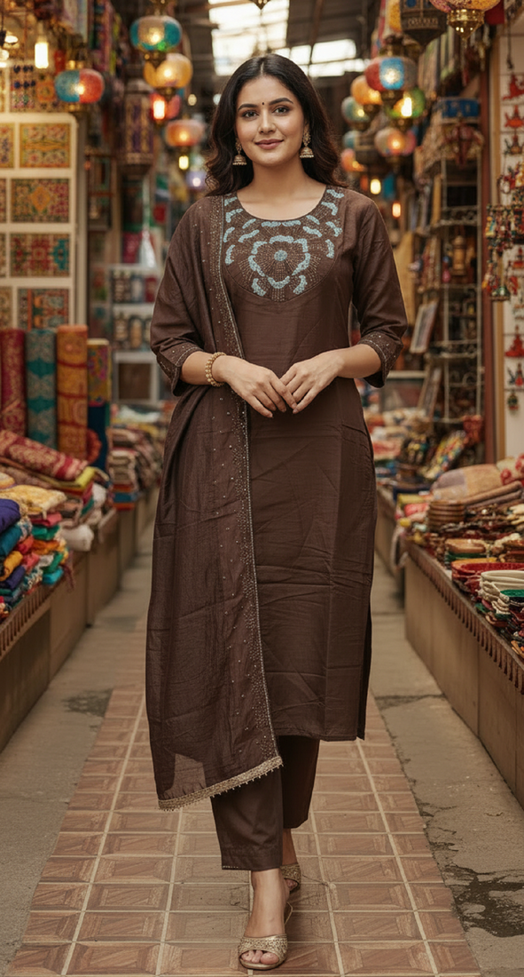 Label divine attire coffee brown silk blend kurta pant set with chanderi dupatta and sequins thread work