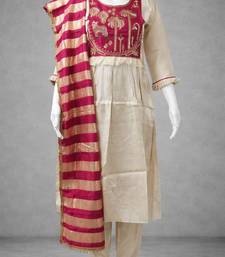 Label divine attire women off white & red silk blend embroidered kurta pant set with chanderi dupatta
