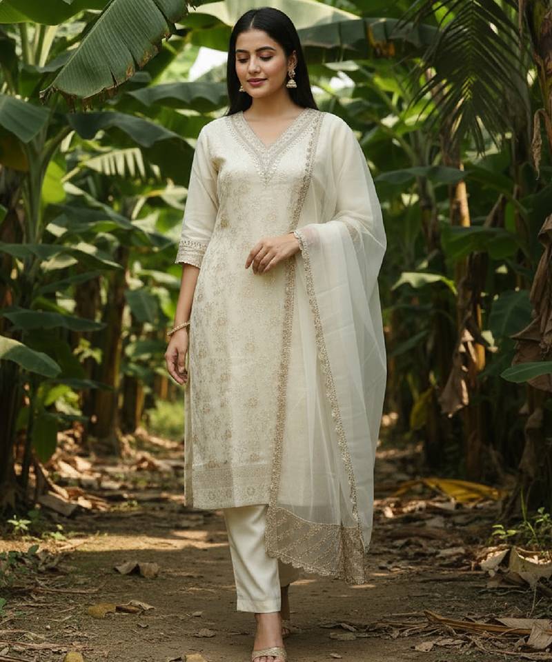 Label divine attire women off white silk blend jacquard embroidered kurta pant set with net dupatta