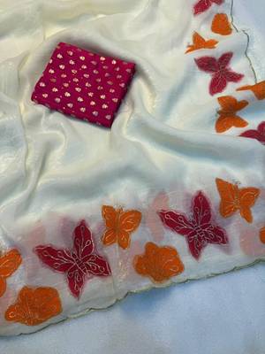 White Color butterfly print and thread embroidery work chiffon saree 1