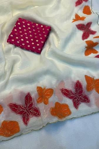 White Color butterfly print and thread embroidery work chiffon saree