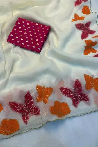 White Color butterfly print and thread embroidery work chiffon saree