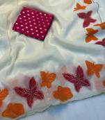 White Color butterfly print and thread embroidery work chiffon saree