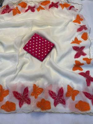 White Color butterfly print and thread embroidery work chiffon saree 2