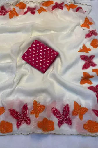 White Color butterfly print and thread embroidery work chiffon saree