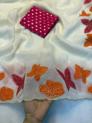 White Color butterfly print and thread embroidery work chiffon saree 3