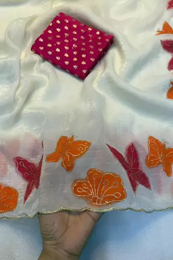 White Color butterfly print and thread embroidery work chiffon saree