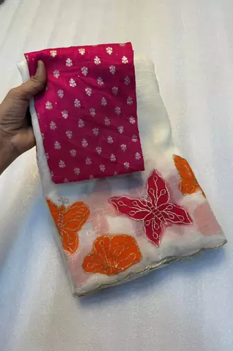 White Color butterfly print and thread embroidery work chiffon saree