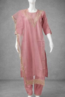 Label divine attire women pink cotton silk embroidered kurta pant set with net dupatta 2
