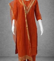Label divine attire women orange cotton silk embroidered kurta set with pant and net dupatta