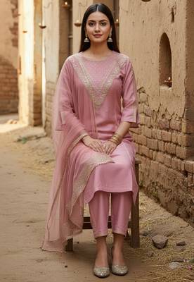 Label divine attire women pink cotton silk embroidered kurta pant set with net dupatta 1