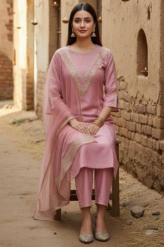 Label divine attire women pink cotton silk embroidered kurta pant set with net dupatta