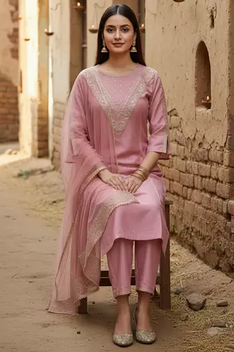Label divine attire women pink cotton silk embroidered kurta pant set with net dupatta