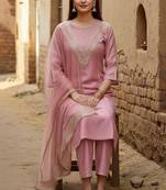 Label divine attire women pink cotton silk embroidered kurta pant set with net dupatta
