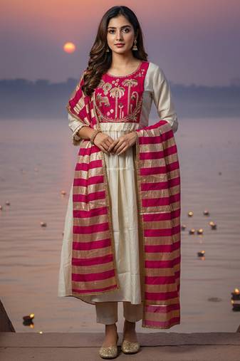 Label divine attire women off white & red silk blend embroidered kurta pant set with chanderi dupatta