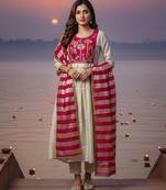 Label divine attire women off white & red silk blend embroidered kurta pant set with chanderi dupatta