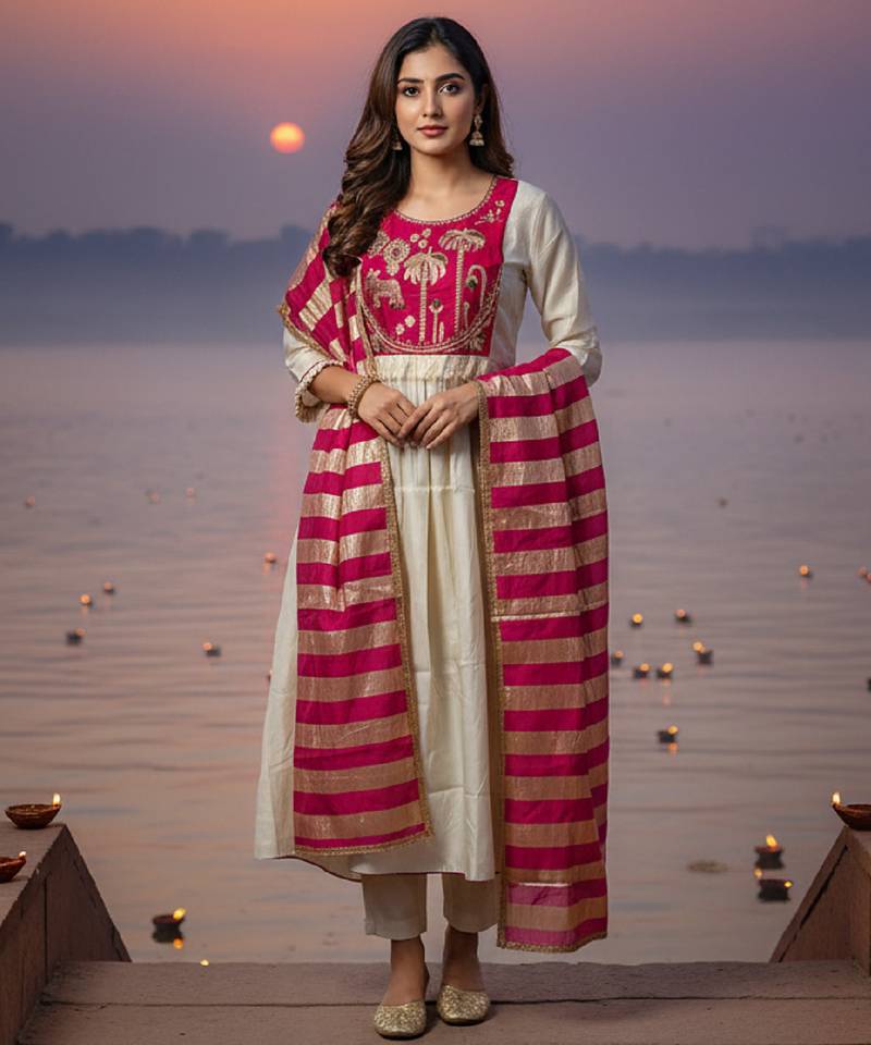 Label divine attire women off white & red silk blend embroidered kurta pant set with chanderi dupatta