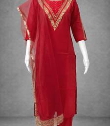 Label divine attire women red cotton silk embroidered kurta pant set with net dupatta