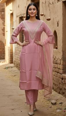 Label divine attire women pink cotton silk embroidered kurta pant set with net dupatta 4