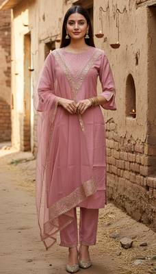 Label divine attire women pink cotton silk embroidered kurta pant set with net dupatta 5
