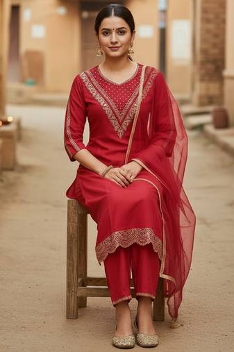 Label divine attire women red cotton silk embroidered kurta pant set with net dupatta