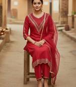 Label divine attire women red cotton silk embroidered kurta pant set with net dupatta
