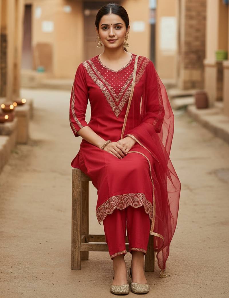 Label divine attire women red cotton silk embroidered kurta pant set with net dupatta