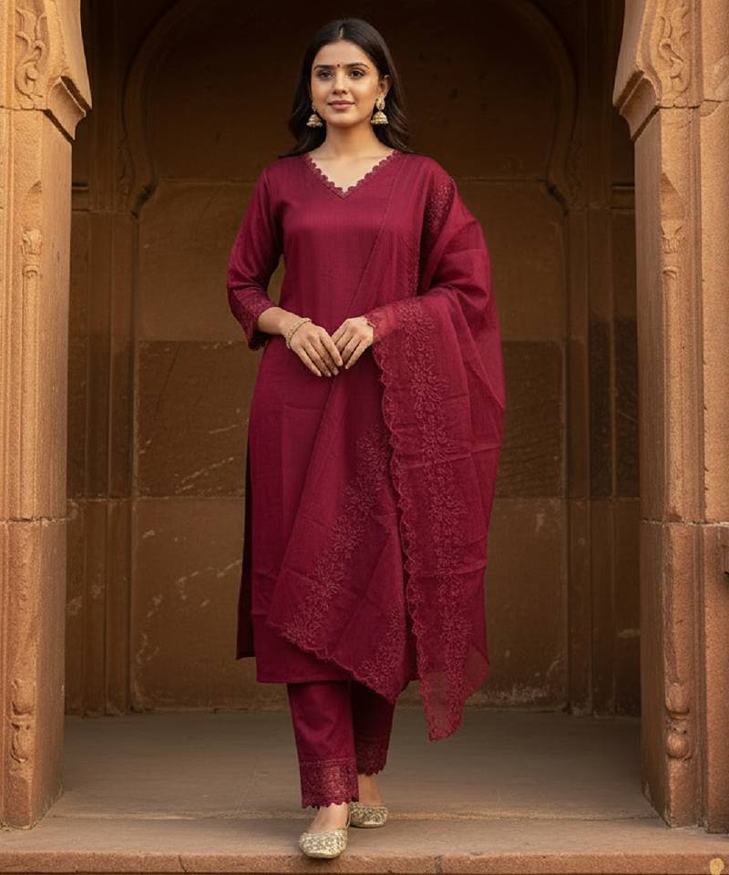 Label divine attire women wine silk blend embroidered kurta pant set with organza dupatta