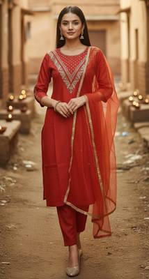 Label divine attire women orange cotton silk embroidered kurta set with pant and net dupatta 1