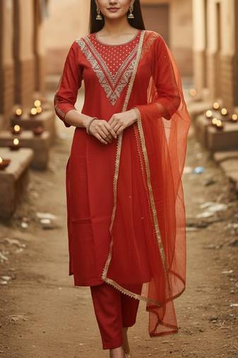 Label divine attire women orange cotton silk embroidered kurta set with pant and net dupatta