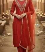 Label divine attire women orange cotton silk embroidered kurta set with pant and net dupatta