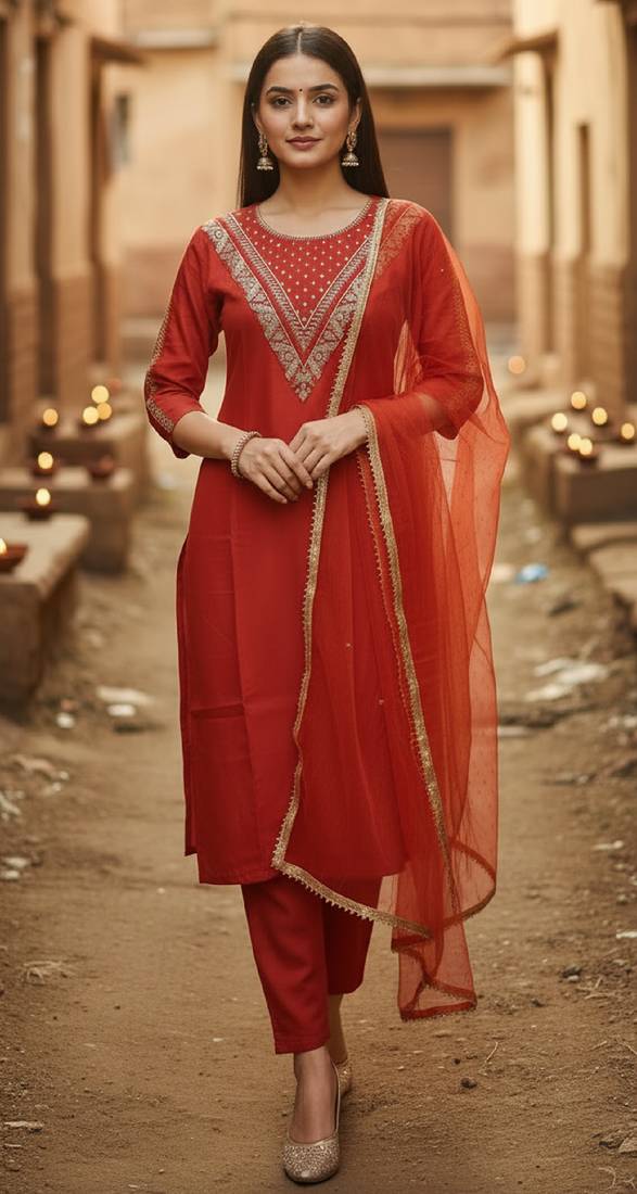 Label divine attire women orange cotton silk embroidered kurta set with pant and net dupatta