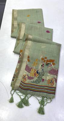 Green Beige Color Weaving design Munga cotton saree  1