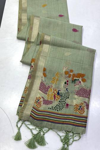 Green Beige Color Weaving design Munga cotton saree 
