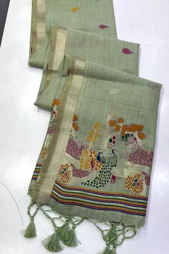 Green Beige Color Weaving design Munga cotton saree 