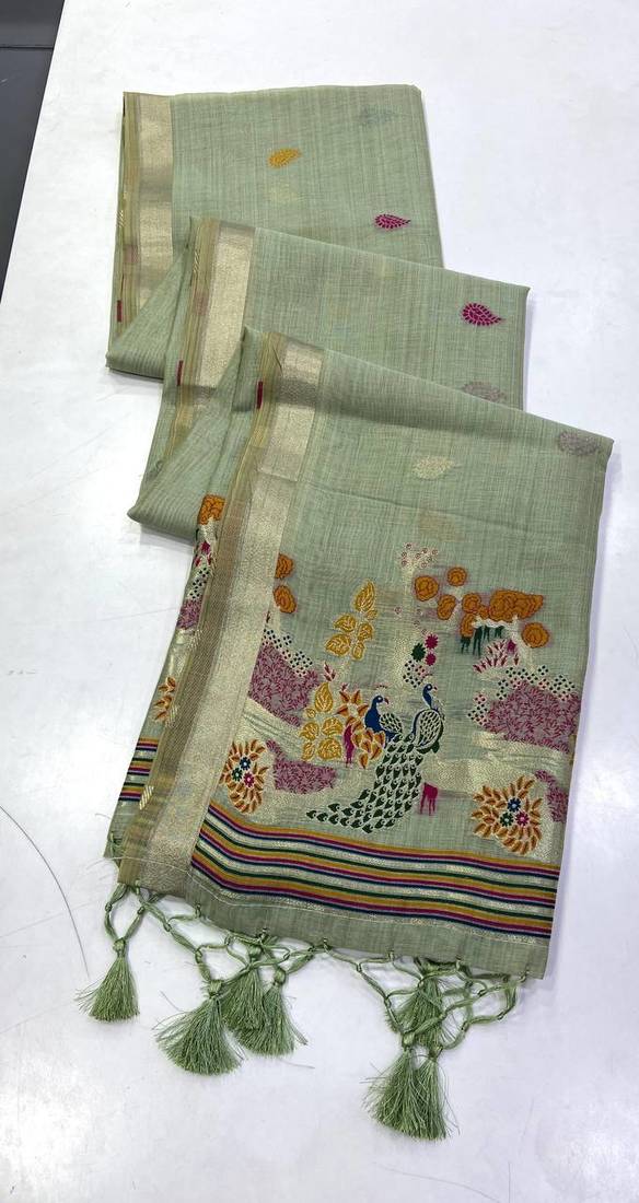 Green Beige Color Weaving design Munga cotton saree 