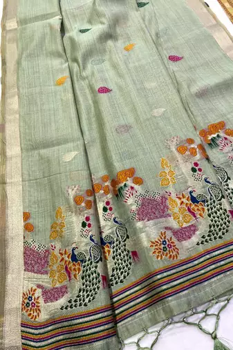 Green Beige Color Weaving design Munga cotton saree 
