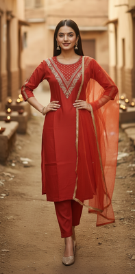 Label divine attire women orange cotton silk embroidered kurta set with pant and net dupatta 3