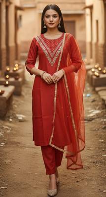 Label divine attire women orange cotton silk embroidered kurta set with pant and net dupatta 4