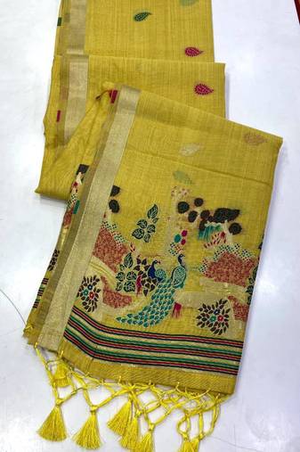 Yellow  Color Weaving design Munga cotton saree 