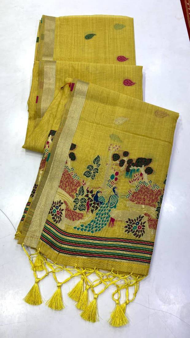 Yellow  Color Weaving design Munga cotton saree 
