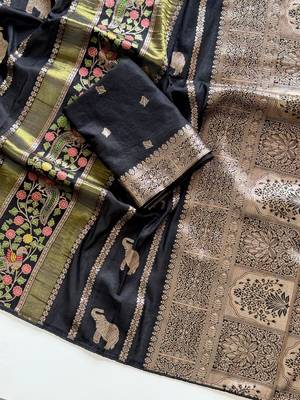 Black Color Jari Jaqurad Weaving With Minakari Jaal Work Georgette Saree 4