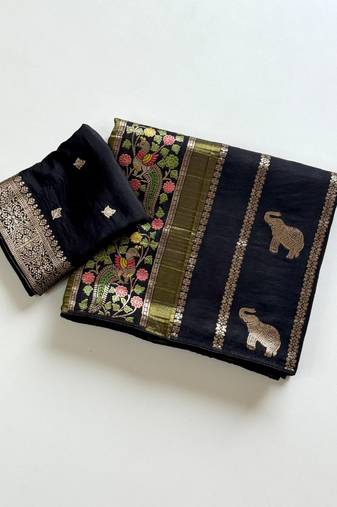 Black Color Jari Jaqurad Weaving With Minakari Jaal Work Georgette Saree