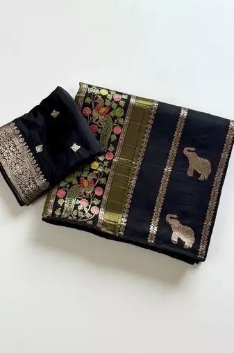 Black Color Jari Jaqurad Weaving With Minakari Jaal Work Georgette Saree