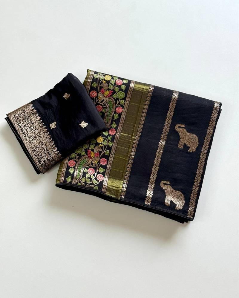 Black Color Jari Jaqurad Weaving With Minakari Jaal Work Georgette Saree